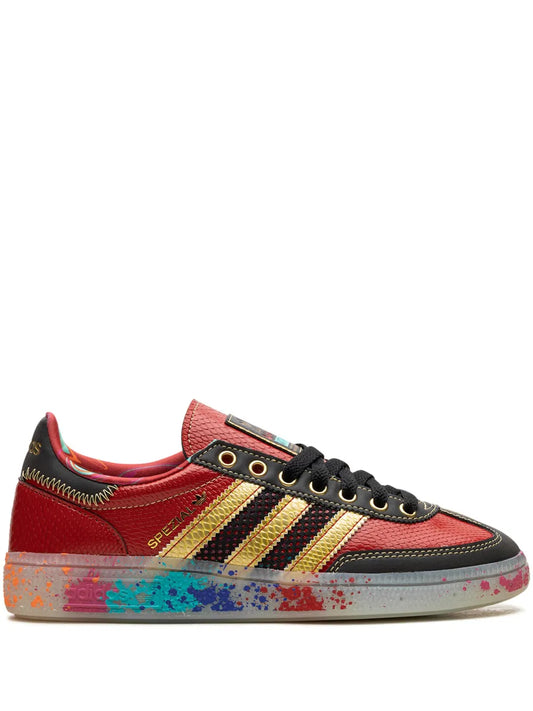 adidas Handball Spezial S.E.E.D. - Scarlet Gold Paint Splatter Sneakers — Red — Size US M 9.5 - US W 11 — Front View