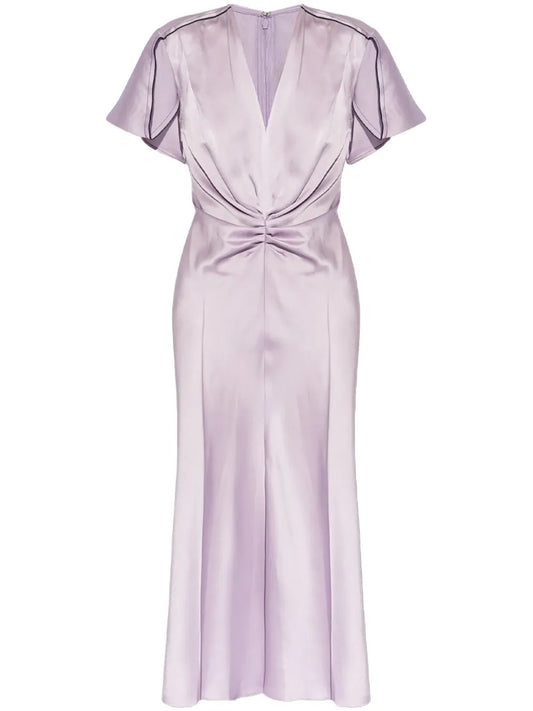 Victoria Beckham Ruched Satin Midi Dress — Purple — Size S — Front View