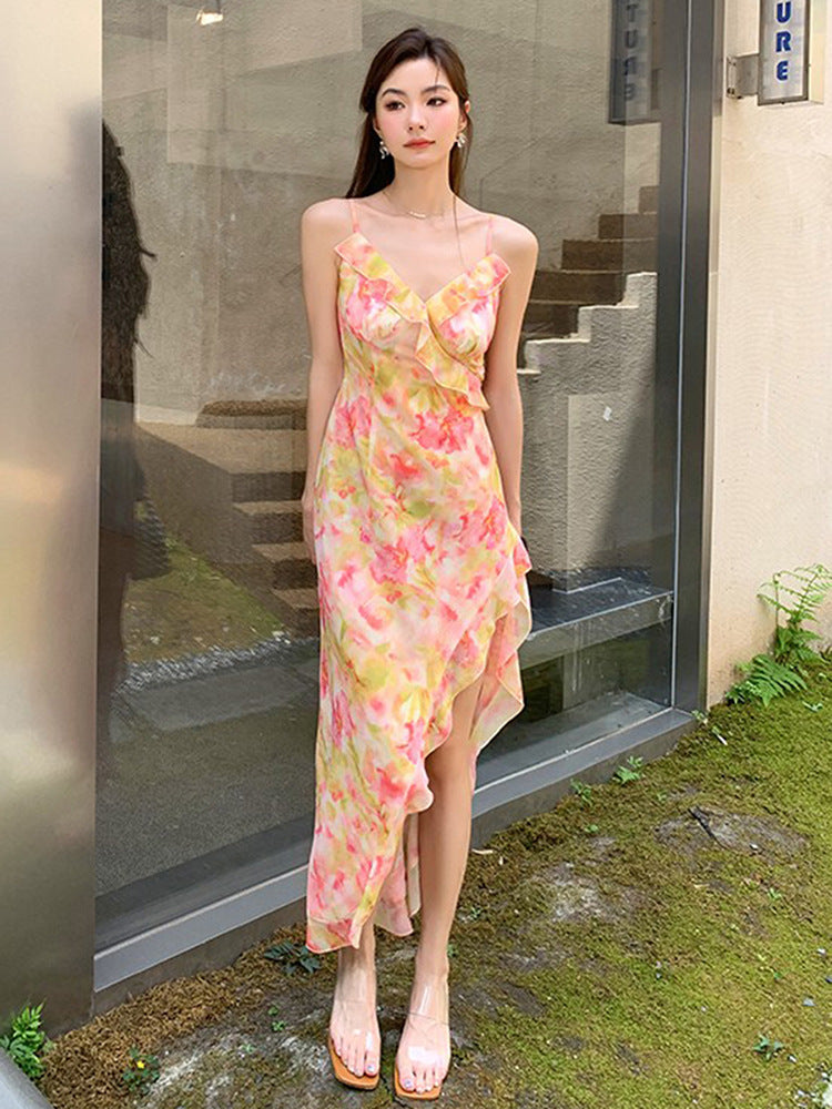 Fashion Floral Strap Dress Women — Pink Dress — Size L — Side View