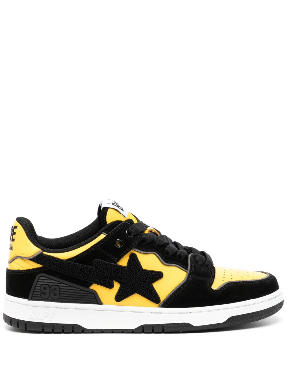 A Bathing Ape?Sk8 Sta Panelled Sneakers — Black/Canary Yellow — Size US M 3.5 - US W 5 — Front View