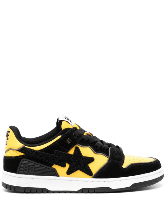 A Bathing Ape?Sk8 Sta Panelled Sneakers — Black/Canary Yellow — Size US M 3.5 - US W 5 — Front View