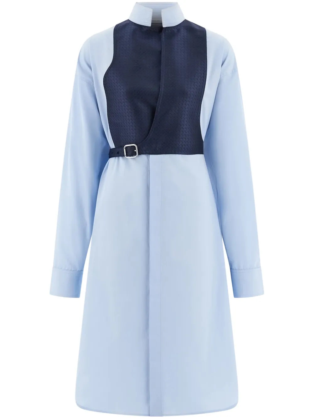 Ferragamo Contrasting Panel Shirt Dress — Tan/ Blue — Size S — Front View