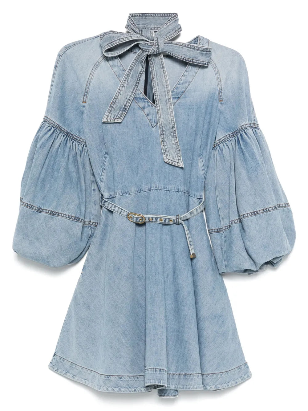Zimmermann Tie Neck Denim Mini Dress — Blue — Size XS — Front View