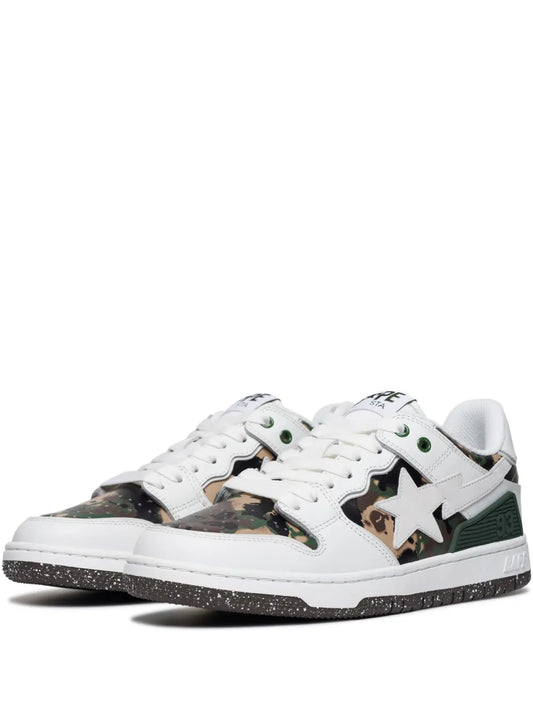 A Bathing Ape?Sk8 Sta #2 Camouflage-Panel Sneakers — White — Size US M 3.5 - US W 5 — Front View