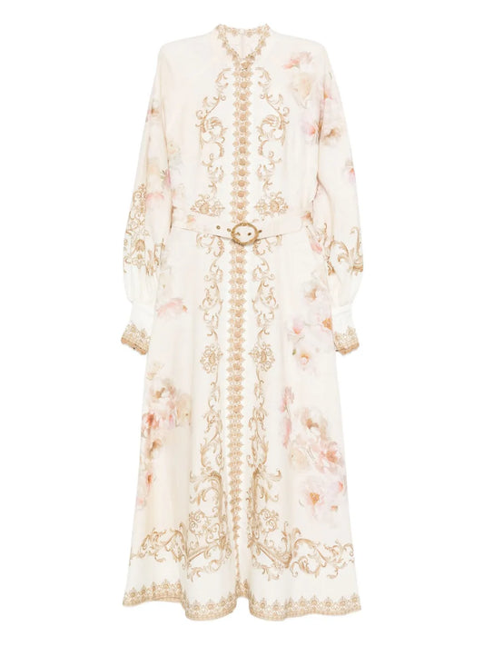 Zimmermann Floral Print Buttoned Dress — Cream — Size M — Front View