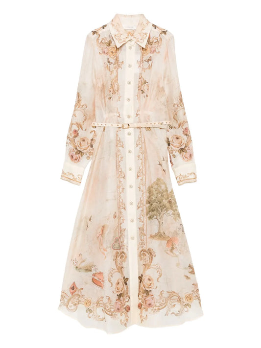 Zimmermann Floral Print Buttoned Midi Dress — Cream — Size XS — Front View