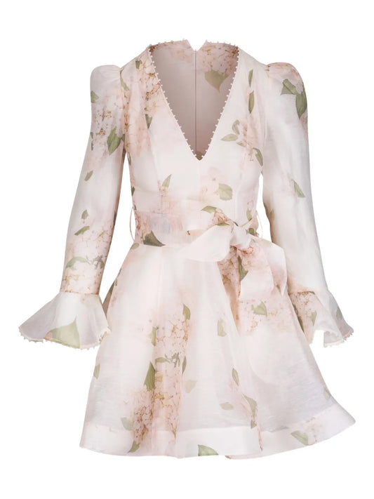 Zimmermann Floral Print Mini Dress — White/ Red — Size L — Front View