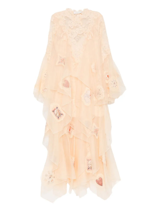 Zimmermann Lace Ruffled Dress — Beige/ Red — Size XS — Front View