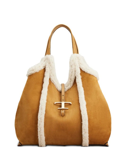 Tods Shearling Trimmed T Buckle Shoulder Bag — Same as shown — Size One Size — Front View