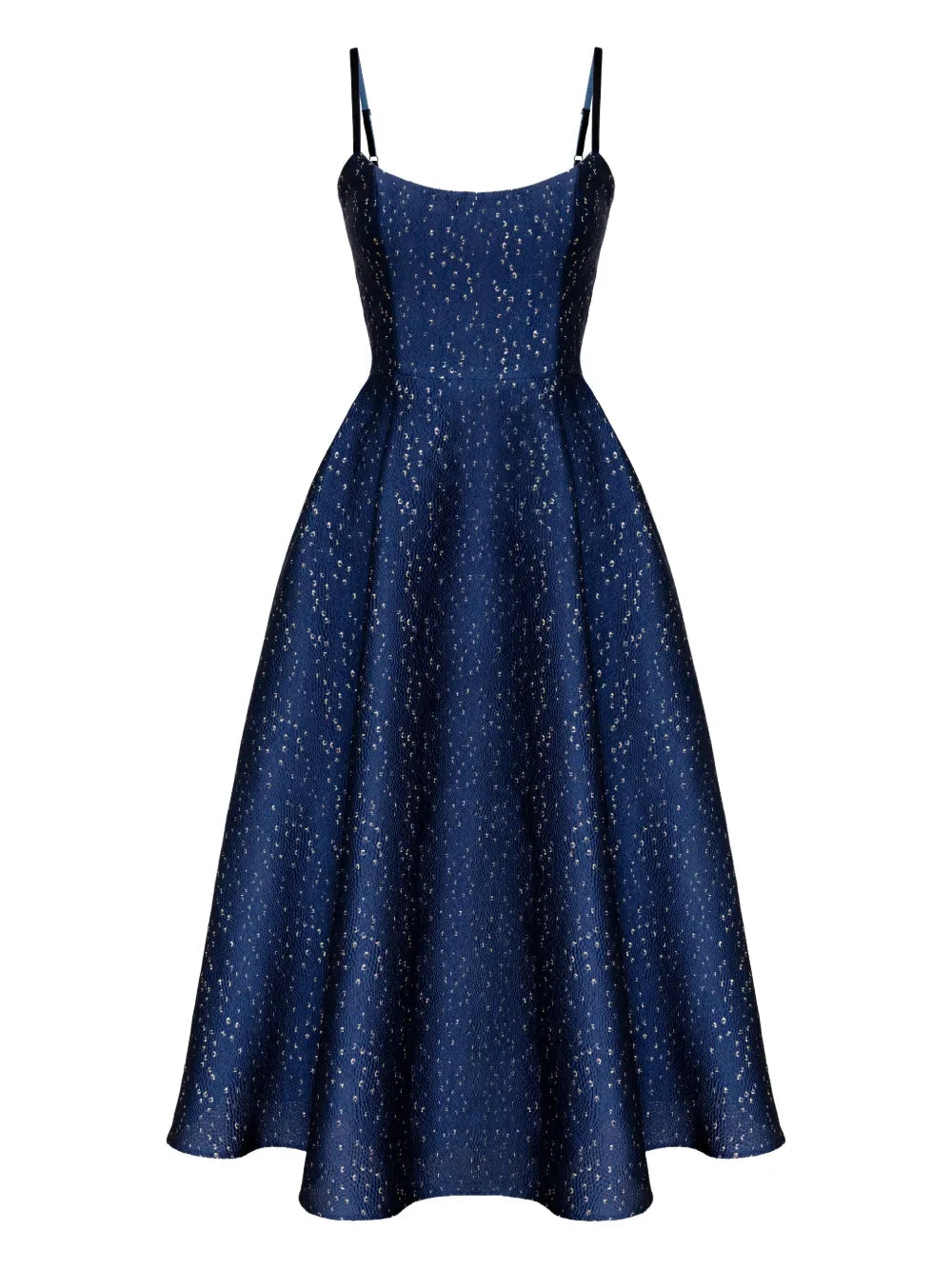 Post Meridiem Jacquard Corset Bustier Midi Dress — Blue/ Navy/ Red — Size XS — Front View
