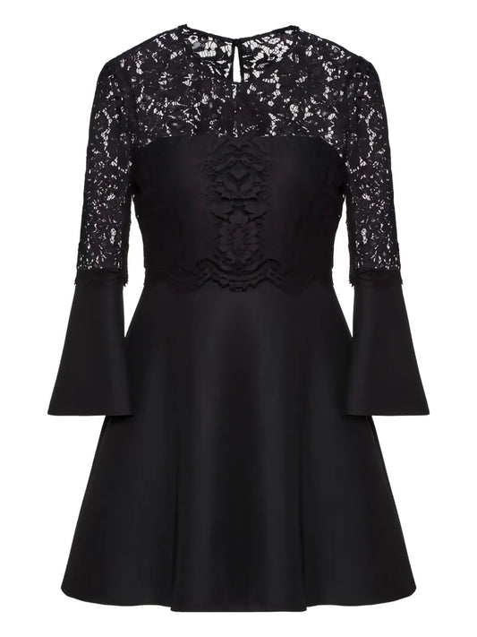 Valentino Garavani Lace Paneled Flared Dress — Black/ Red — Size XS — Front View