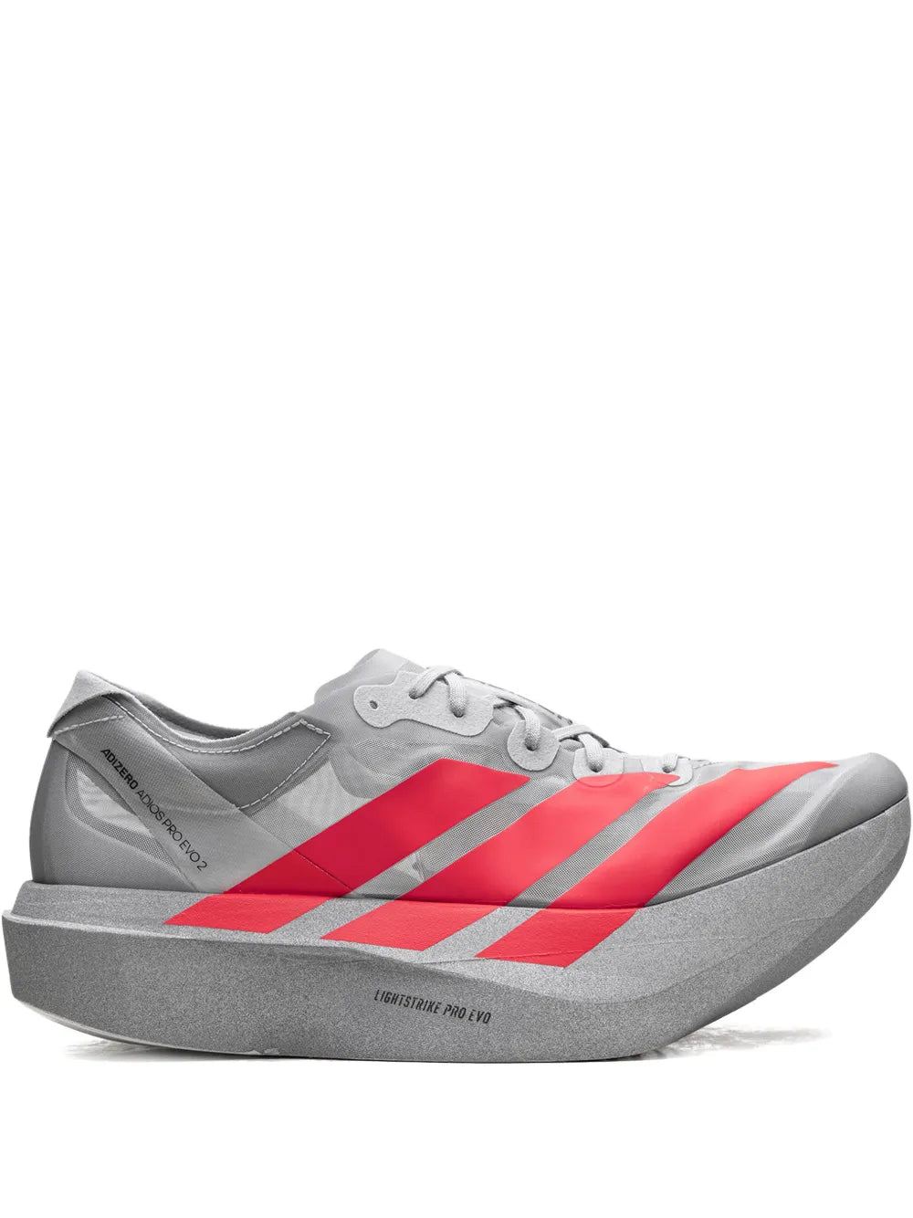 adidas Adizero Adios Pro Evo 2 Silver Metallic/Lucid Red/Grey Two Sneakers — Medium Grey — Size US M 6.5 - US W 8 — Front View