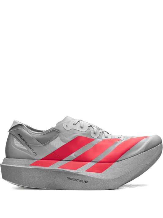 adidas Adizero Adios Pro Evo 2 Silver Metallic/Lucid Red/Grey Two Sneakers — Medium Grey — Size US M 6.5 - US W 8 — Front View