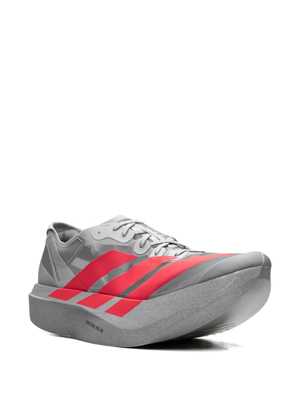 adidas Adizero Adios Pro Evo 2 Silver Metallic/Lucid Red/Grey Two Sneakers — Medium Grey — Size US M 6.5 - US W 8 — Side View