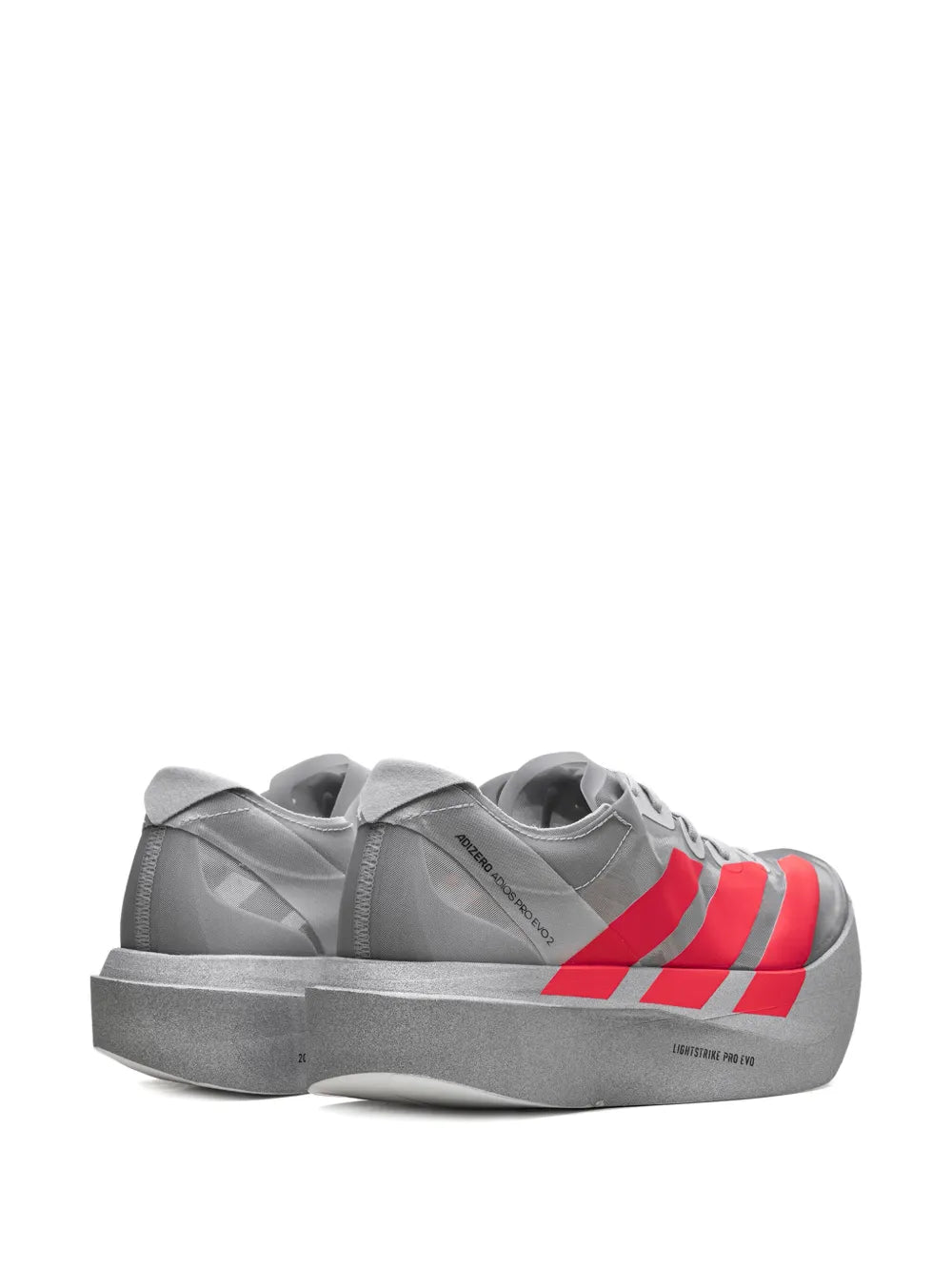 adidas Adizero Adios Pro Evo 2 Silver Metallic/Lucid Red/Grey Two Sneakers — Medium Grey — Size US M 6.5 - US W 8 — Back View