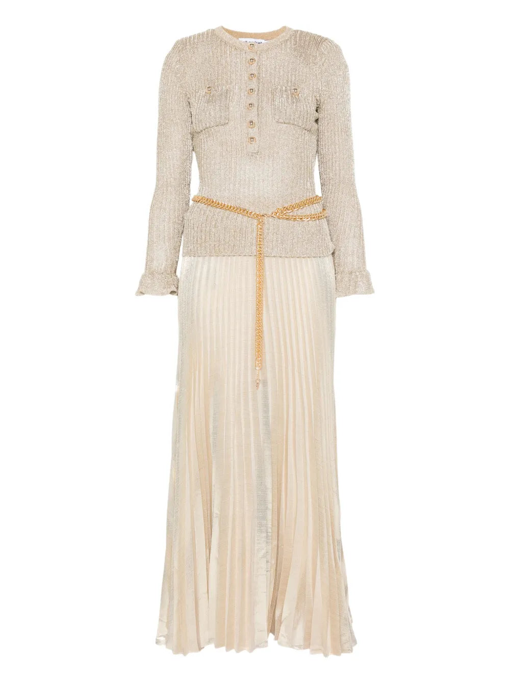 Self Portrait Ribbed Knit Lurex Maxi Dress — Gold — Size XS — Front View