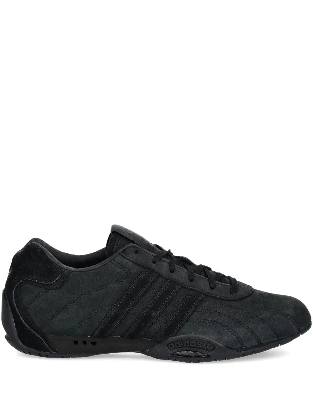 adidas Adiracer Lo Suede Three-Stripe Sneakers — Black — Size US M 4.5 - US W 6 — Front View