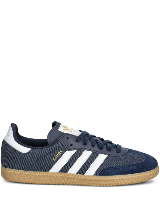 adidas Samba Three-Stripe Sneakers — Navy Blue — Size US M 9 - US W 10.5 — Front View