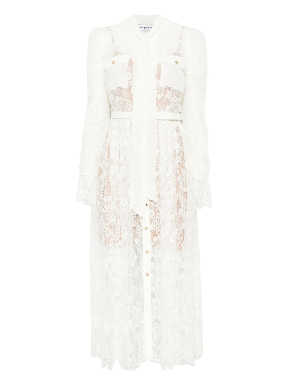 Self Portrait Lace Pussy Bow Midi Dress — White — Size XS — Front View