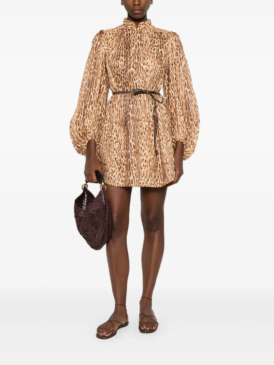 Zimmermann Cascadian Leopard Print Mini Dress — Beige — Size XL — Front View