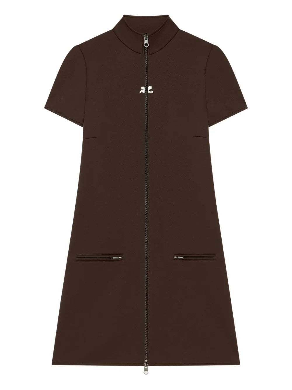 Courreges Zip Up Short Sleeve Dress — Brown — Size XS — Front View