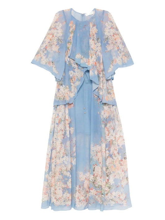 Zimmermann Floral Print Ruffled Dress — Blue/ Red — Size XS — Front View