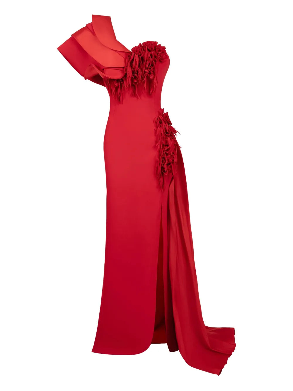 Gaby Charbachy Ruffle Detail Side Split Evening Gown — Red — Size XS — Front View