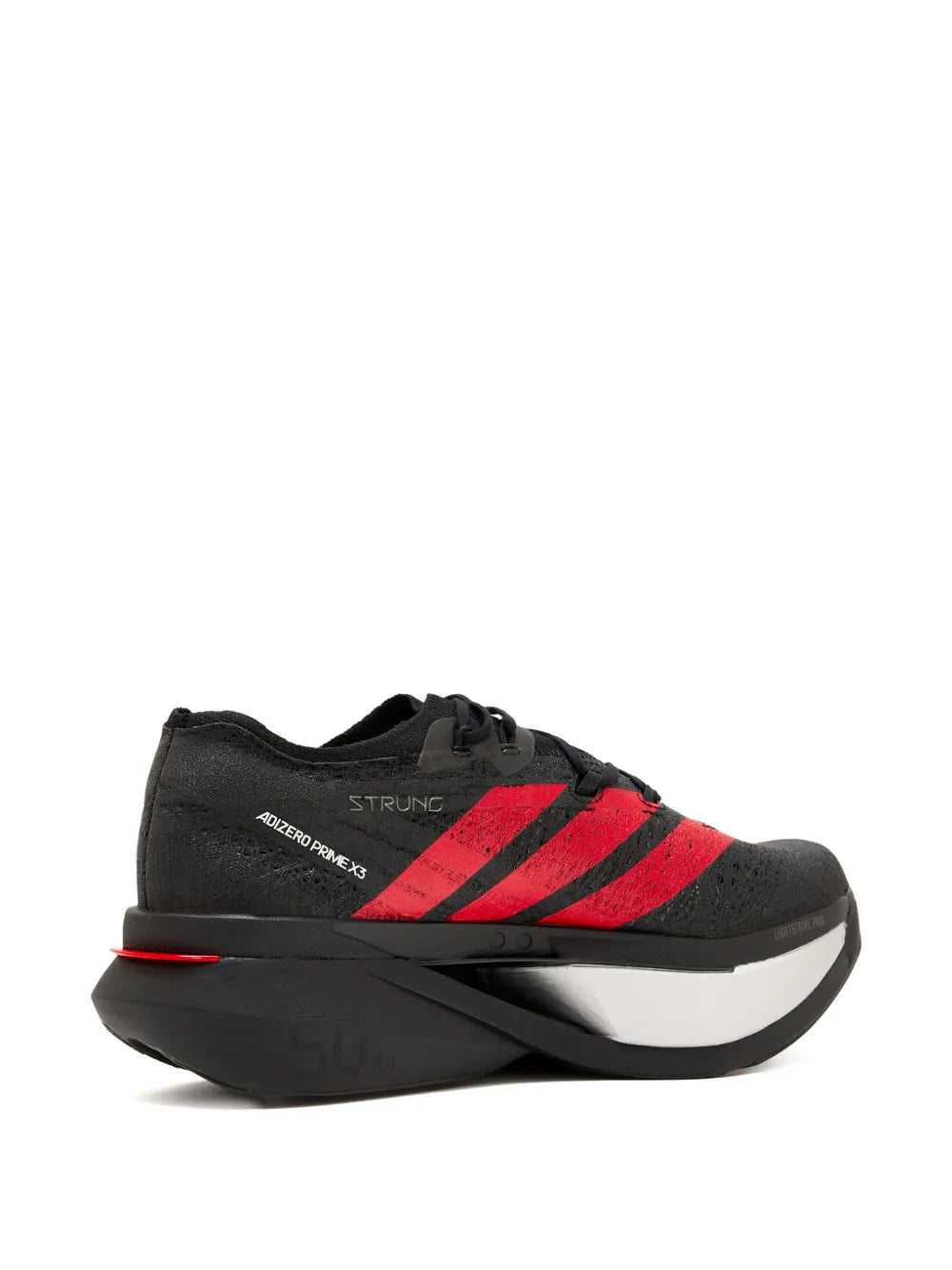 adidas Adizero Prime X3 Strung Amg Striped Lace-Up Sneakers — Black, White, / Red — Size US M 7 - US W 8.5 — Back View