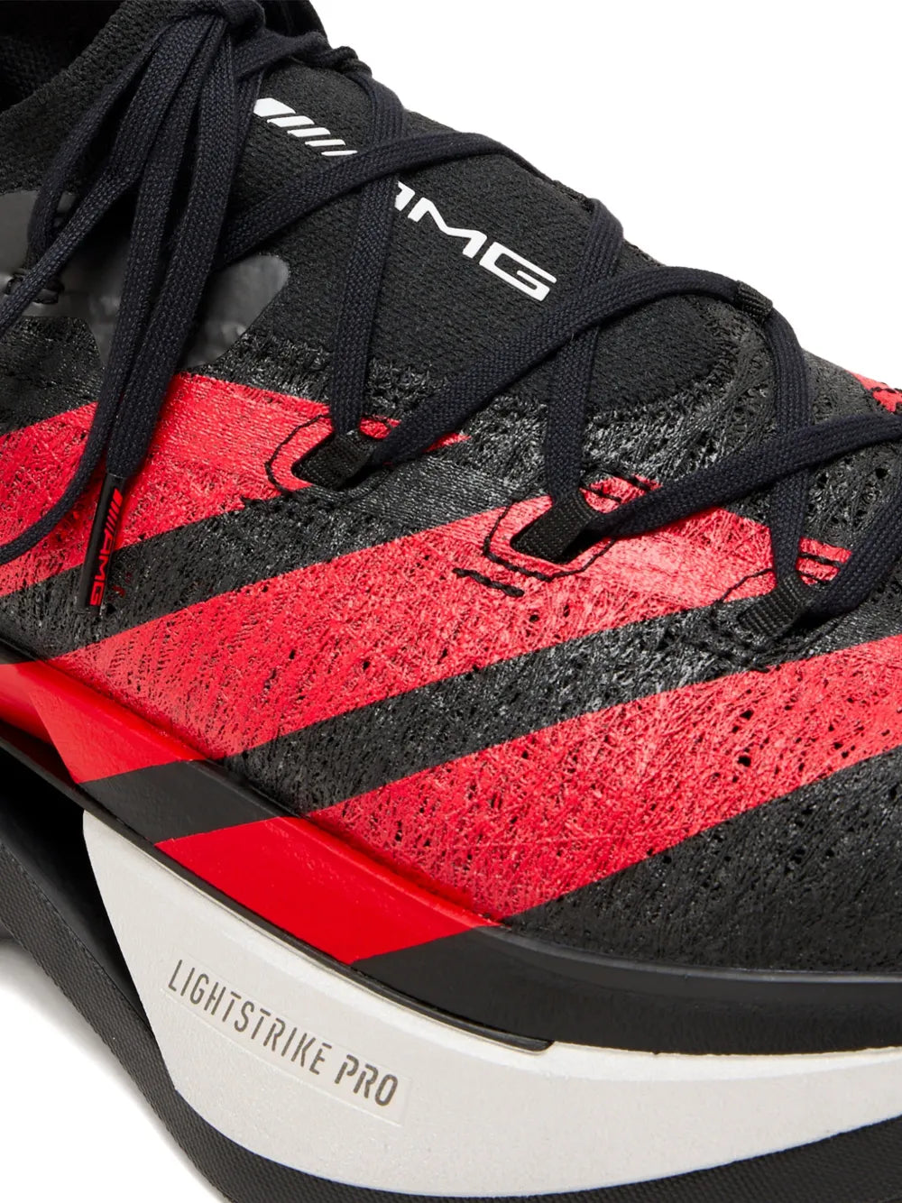 adidas Adizero Prime X3 Strung Amg Striped Lace-Up Sneakers — Black, White, / Red — Size US M 7 - US W 8.5 — Top View