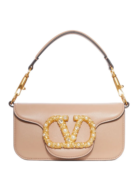 Valentino Garavani Vlogo Pearl Embellished Leather Shoulder Bag — Same as shown — Size One Size — Front View