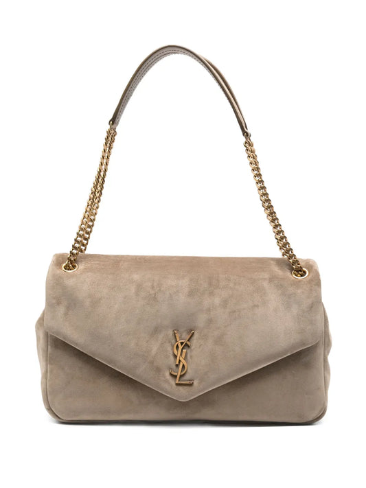 Saint Laurent Large Calypso Logo Plaque Suede Shoulder Bag — Same as shown — Size One Size — Front View