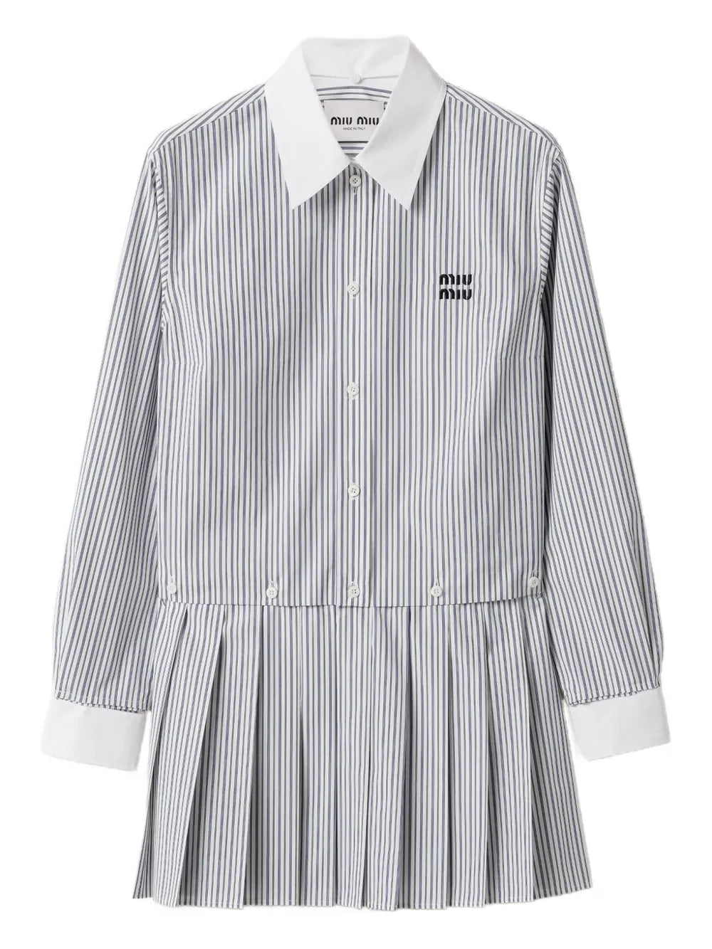 Miu Miu Pleated Striped Mini Shirt Dress — White/ Blue/ Navy — Size XS — Front View
