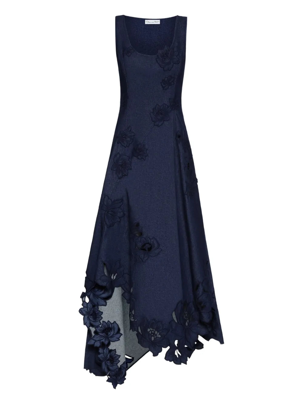 Oscar De La Renta Embroidered Floral Laser Cut Asymmetric Dress — Blue/ Red — Size XS — Front View