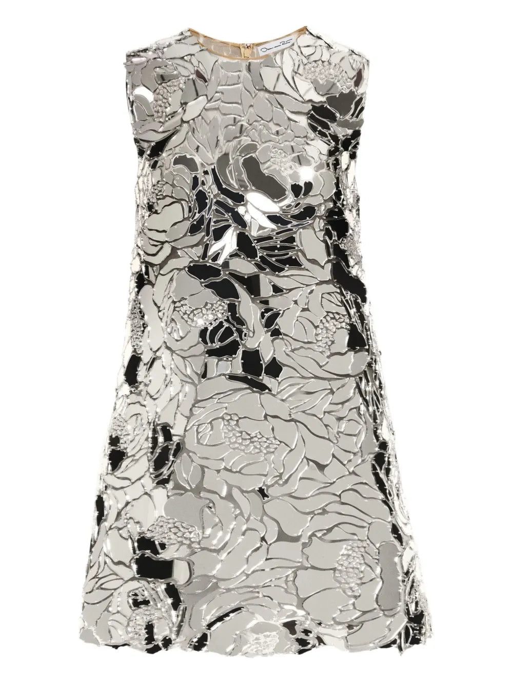 Oscar De La Renta Mirrored Floral Shift Mini Dress — Red/ Silver — Size L — Front View