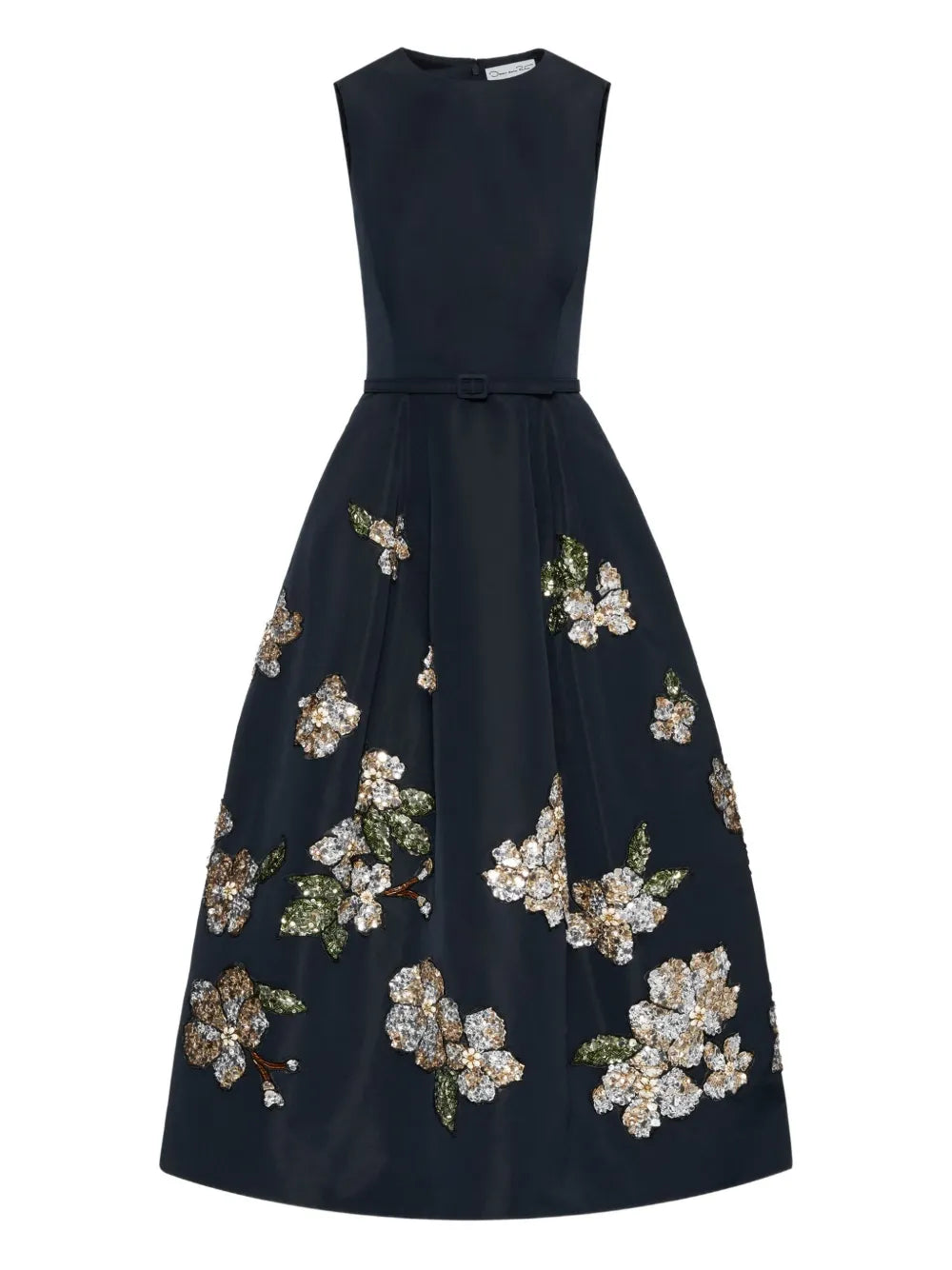 Oscar De La Renta Sequin Embellished Floral Midi Dress — Blue/ Navy — Size XS — Front View