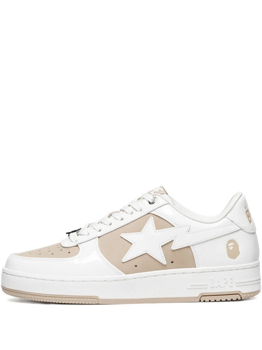 A Bathing Ape?Star-Patch Leather Sneakers — Beige / White — Size US M 5.5 - US W 7 — Front View