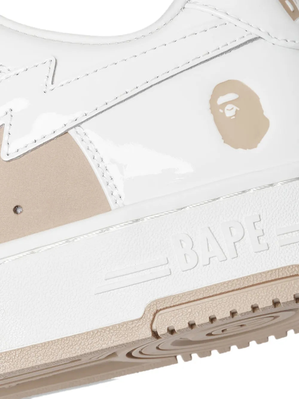 A Bathing Ape?Star-Patch Leather Sneakers — Beige / White — Size US M 5.5 - US W 7 — Detail View