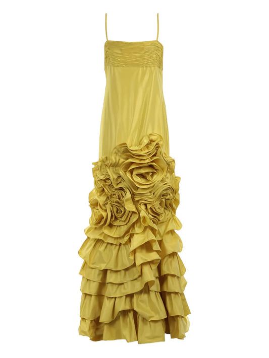 Valentino Garavani Pleated Rose Embellished Midi Dress — Red/ Yellow — Size XS — Front View