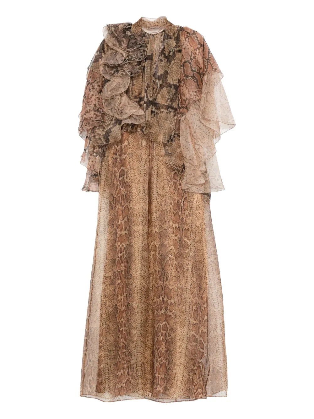 Zimmermann Ruffle Trimmed Snake Print Dress — Brown/ Red — Size M — Front View