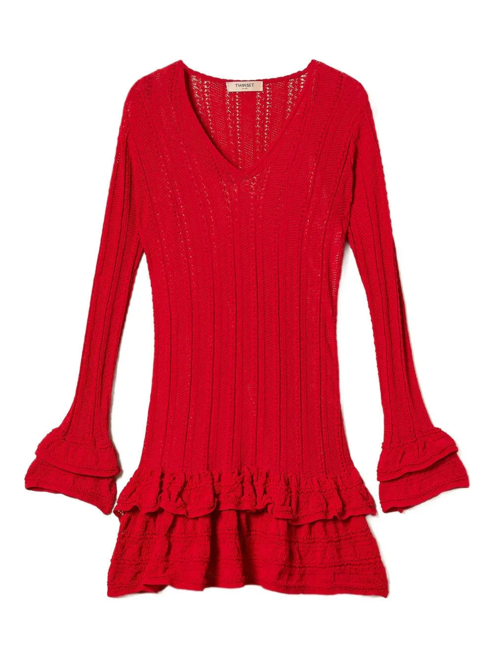 Twinset Knitted Ruffled Mini Dress — Red — Size XS — Front View