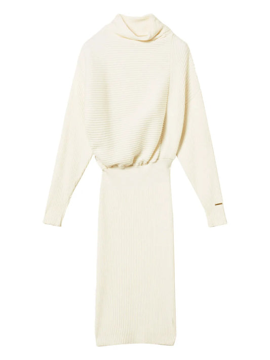 Twinset Ribbed Mock Neck Midi Dress — White — Size XS — Front View