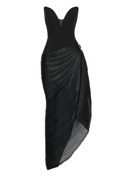 Vpm Atelier Tess Sweetheart Neckline Pleated Maxi Dress — Black/ Gold — Size S — Front View