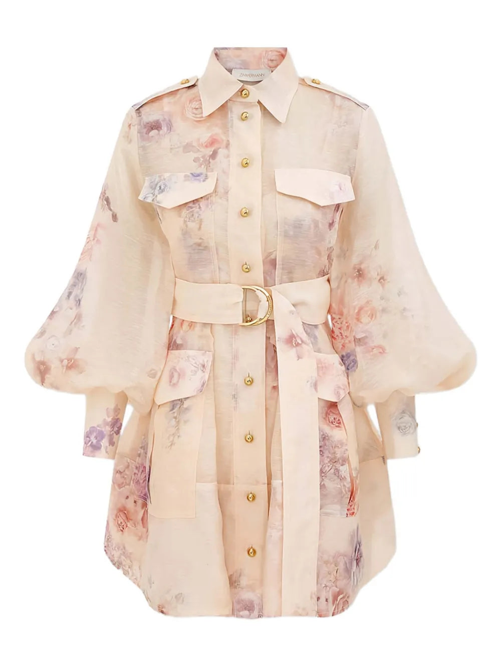 Zimmermann Floral Print Belted Mini Dress — Cream — Size S — Front View