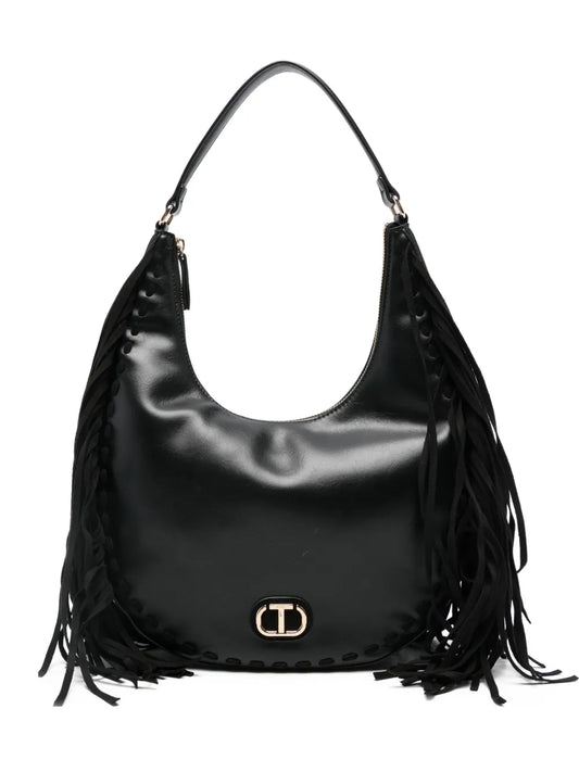 Twinset Fringe Detail Leather Shoulder Bag — Same as shown — Size One Size — Front View