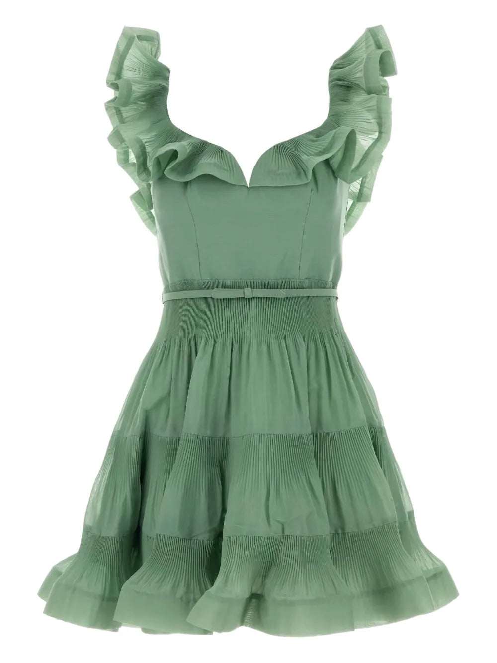 Zimmermann Pleated Ruffled Mini Dress — Red/ Green — Size XS — Front View