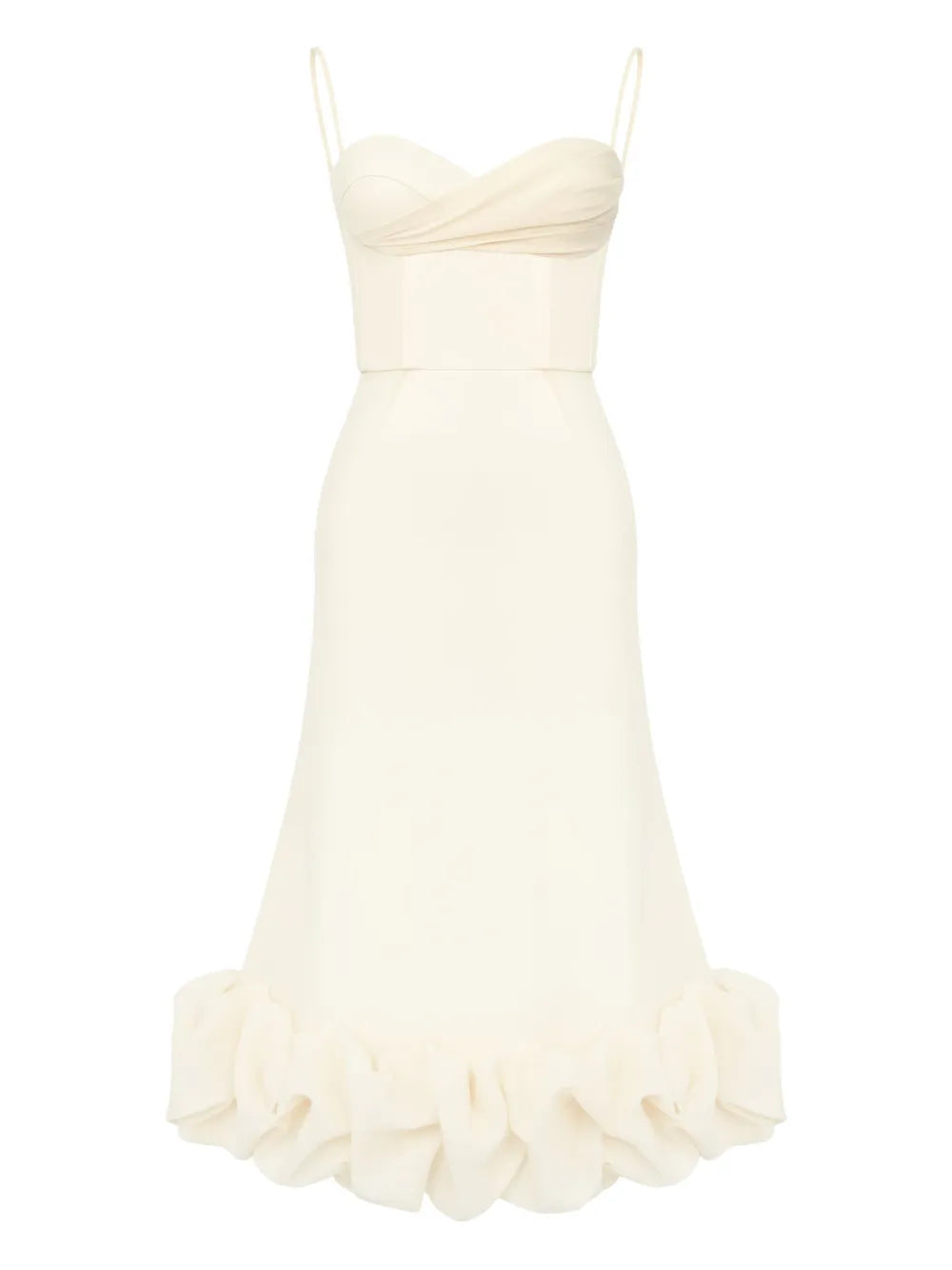 Post Meridiem Draped Bodice Flounced Hem Midi Dress — Ivory — Size XS — Front View