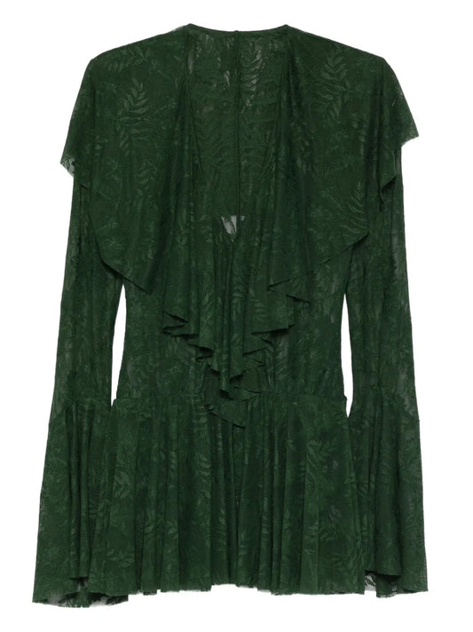 Norma Kamali Ruffle Long Sleeve Mini Dress — Red/ Green — Size XS — Front View