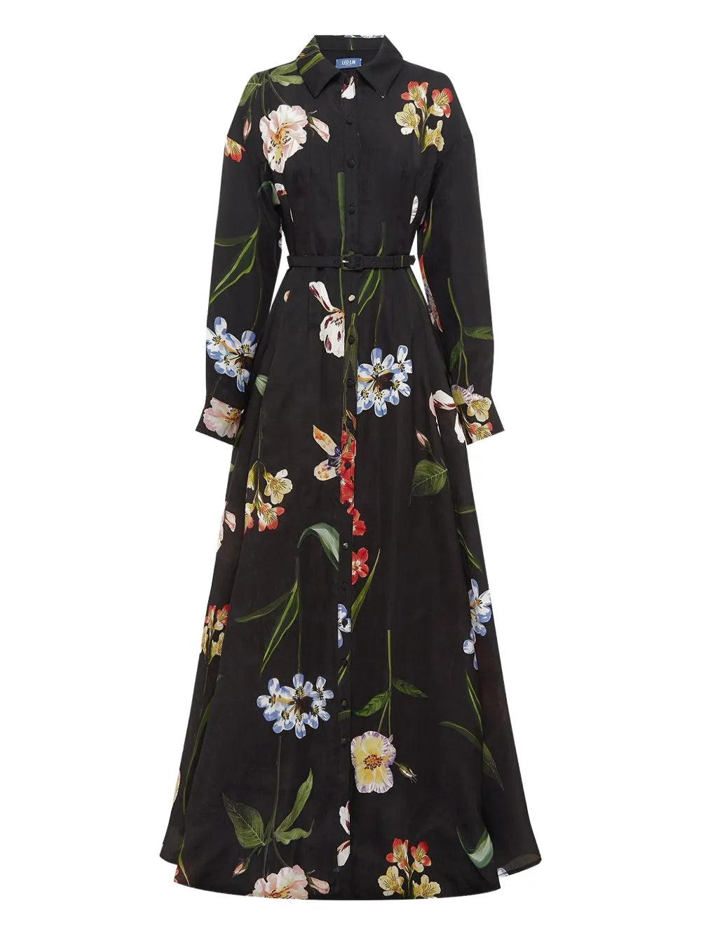 Leo Lin Floral Print Belted Shirt Maxi Dress — Black/ Red — Size XS — Front View