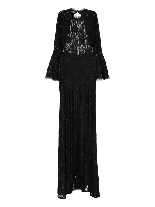 Miau By Clara Rotescu Lace Panelled Bell Sleeve Dress — Black — Size S — Front View