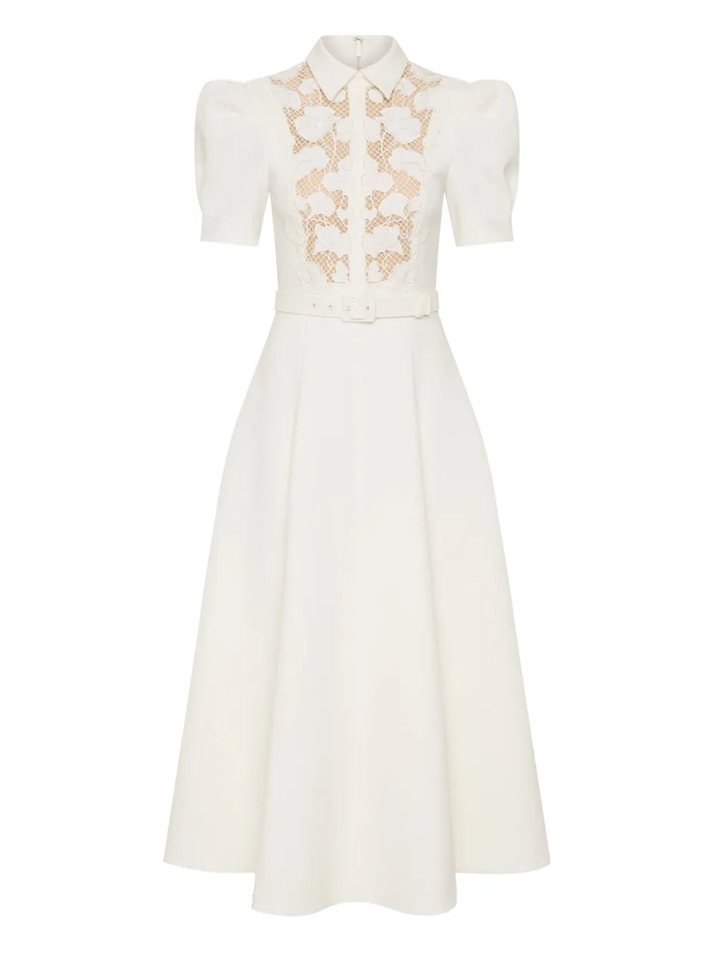 Rebecca Vallance Parrish Lace Belted Short Sleeve Midi Dress — White/ Red — Size XS — Front View